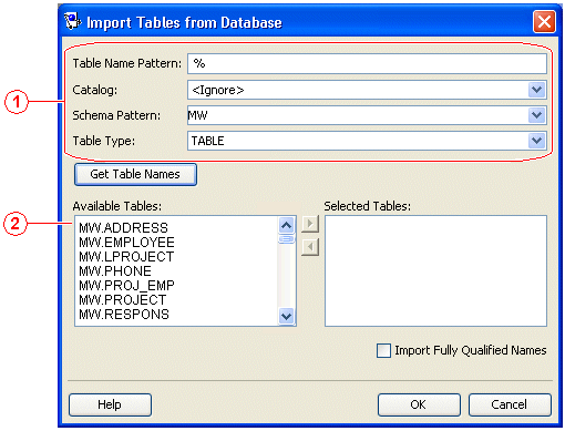Import Tables from Database Dialog Box