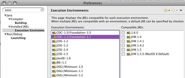 Java Execution Environments Preference Page