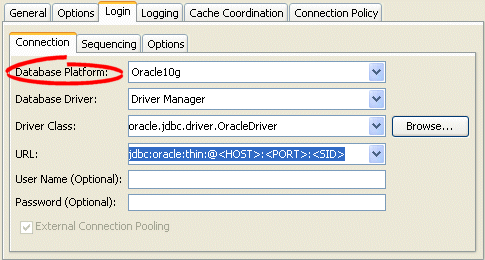 Login Tab, Connection Subtab, Database Platform Option