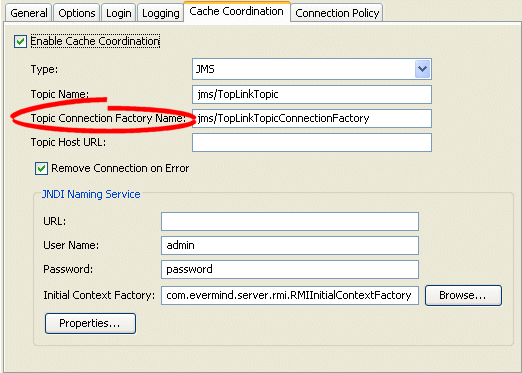 Cache Coordination Tab, Topic Connection Factory Name Field