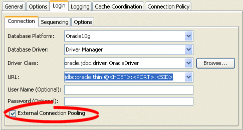 Login Tab, Connection Subtab, External Connection Pooling Field, Database Driver