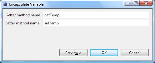 Getter and setter name menu for encapsulating variable temp