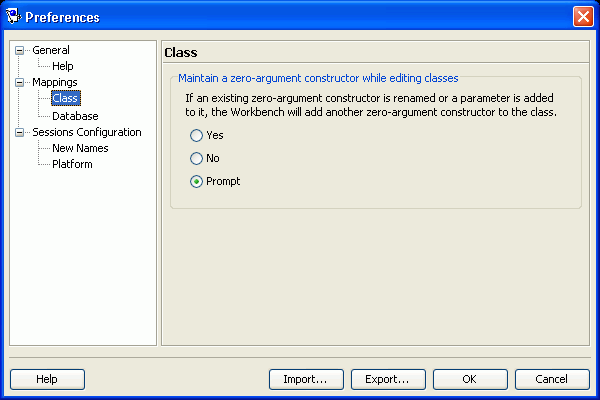 Preferences  –  Mappings  –  Class Dialog Box