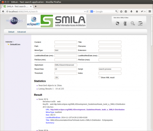 SMILA's advanced sample search page